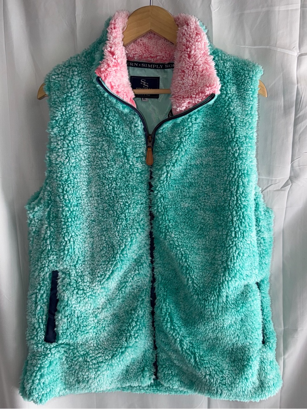 Simply Southern Mint Sherpa Vest with Pink Collar